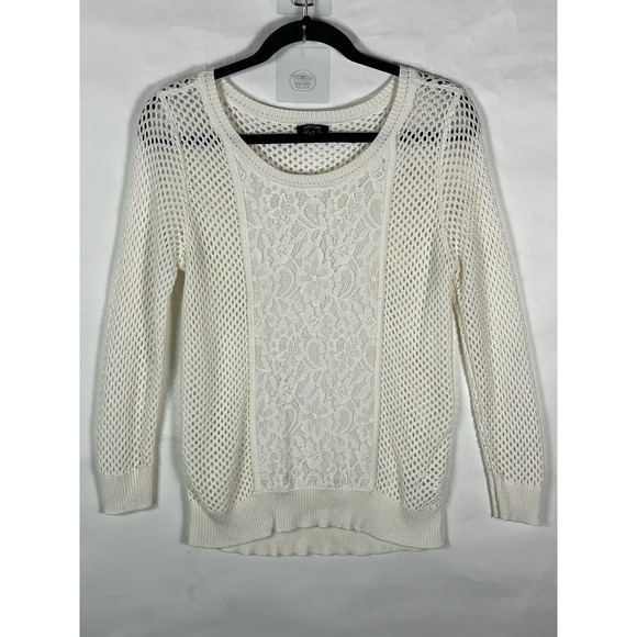 Apt 9 Open Knit Crochet Lace Detail Pullover Soft Light-Weight Sweater Ivory Med - Picture 2 of 9
